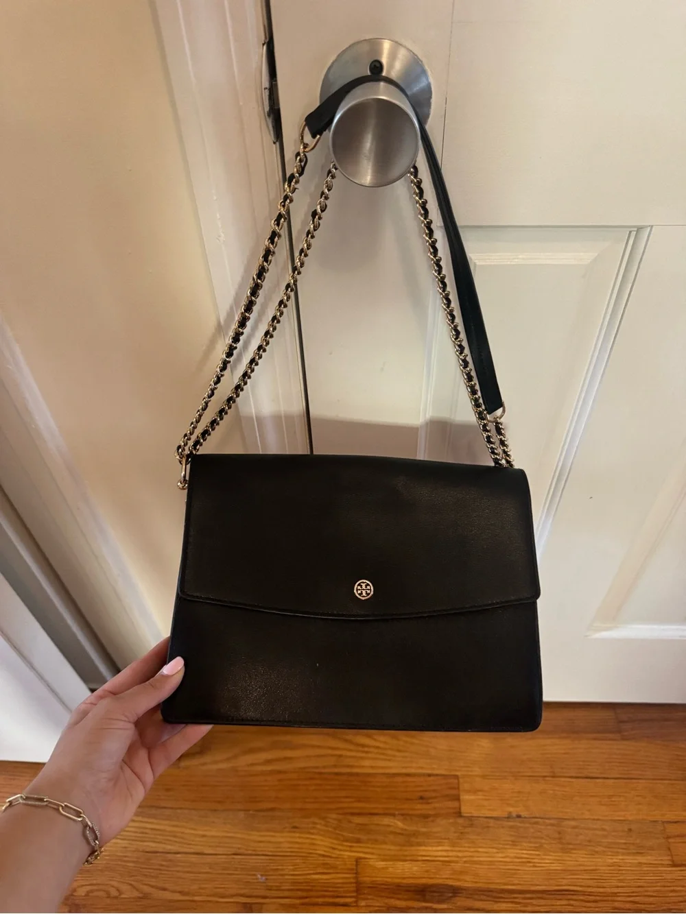 Tory Burch Black Leather Crossbody with Gold Chain Strap